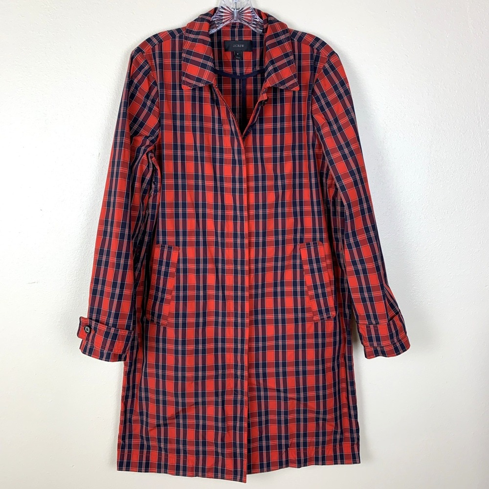 J Crew Plaid Trench Coat Size 8 Raincoat Jacket Red Navy Holiday Preppy Work